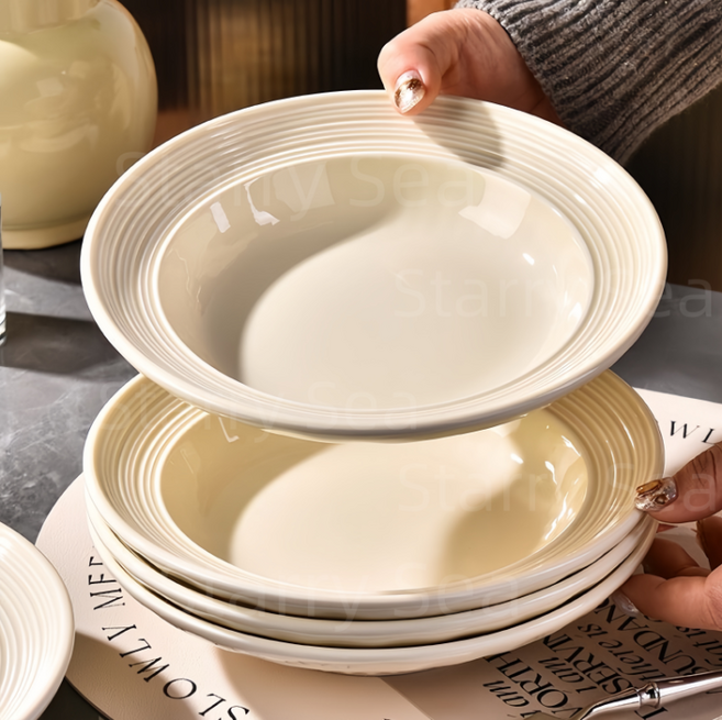 Starry Sea 스트라이프 부조 심플 예쁜 파스타접시세트 집들이 접시세트, 4개, 베이지색