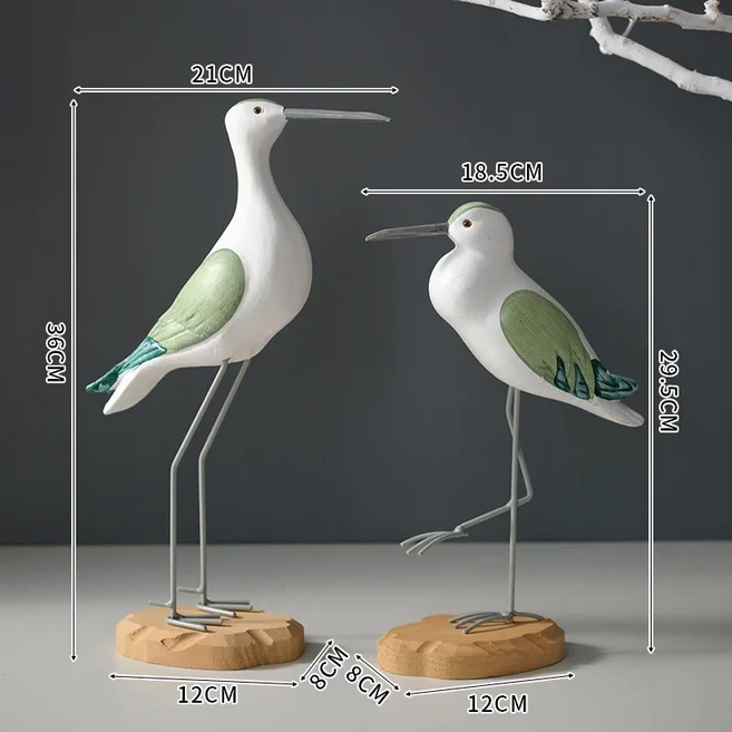 2개/대 빈티지 긴 다리 조류 데스크탑 장식 나무 새 스탠드 해변 테마 홈 아트 침실 정원, 04 green white 2pcs