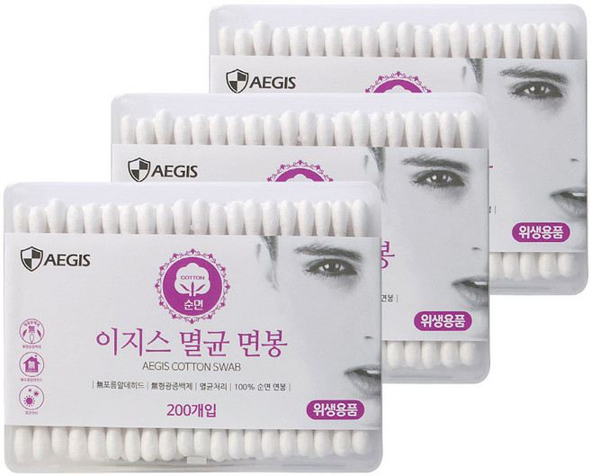 이지스 성인용 순면 멸균면봉 200개입 x 3개