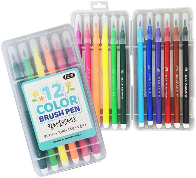 [조한스토어] 재미존 컬러 브러쉬펜 12색 세트 어린이 칼라 붓펜 학습 드로잉, 1개