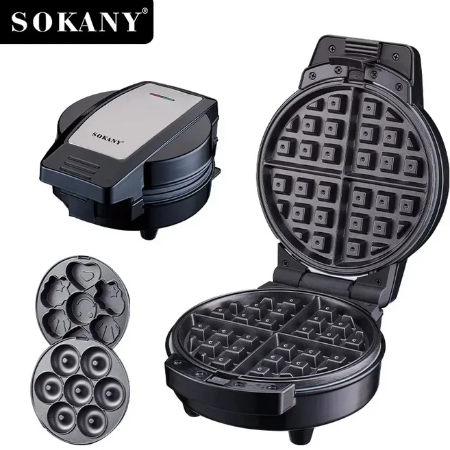 Houselin 아침 식사 메이커 3-in-1 세트 도넛 기계 만화 케이크 접시 와플 탈착식 붙지 않는 3개 포함, 03 AU, 01 Black