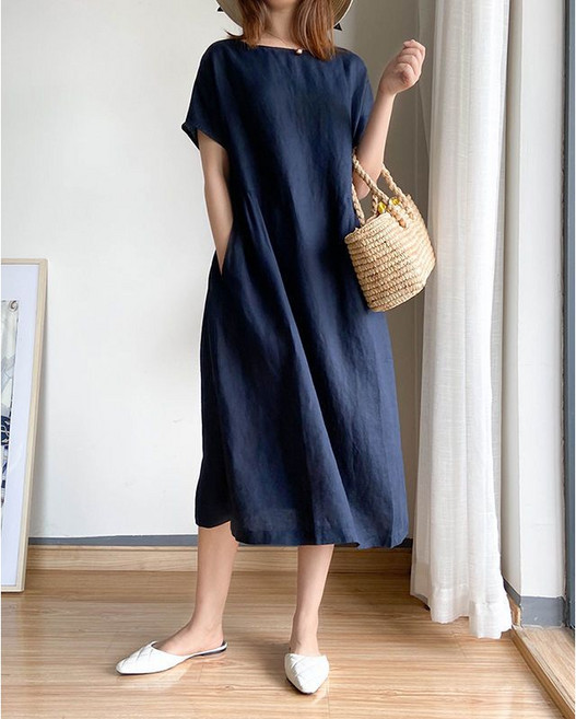 簡約文藝棉麻寬鬆顯瘦中長款連衣裙, 3XL 约70.0-80.0公斤