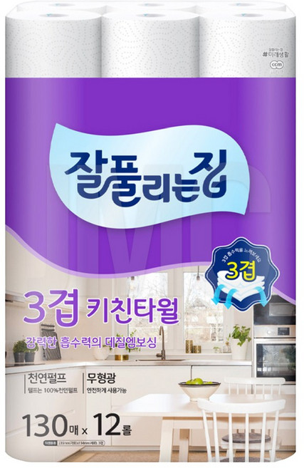 잘풀리는집 3겹 키친타올 130매 12롤, 12개