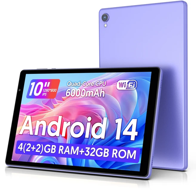 최신 안드로이드 14 태블릿 10인치 쿼드코어 프로세서 5G 와이파이 4GB ROM + 1280800 해상도 배터리, 04 Purple