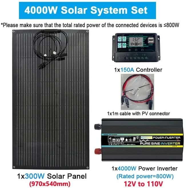 태양열발전기 태양전지 태양열 패널 휴대용 캠핑 태양 전지 키트 유연한 에너지 충전기 보조베터리 야외 요트 모터홈 자동차 RV 보트용 300W 600W 18V, 4000W 12V to 110V, 1개