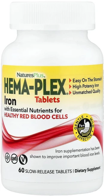 NaturesPlus Hema-Plex 건강한 적혈구를 위한 필수 영양소가 함유된 철분 서방정 60정, 1개 - 쿠팡