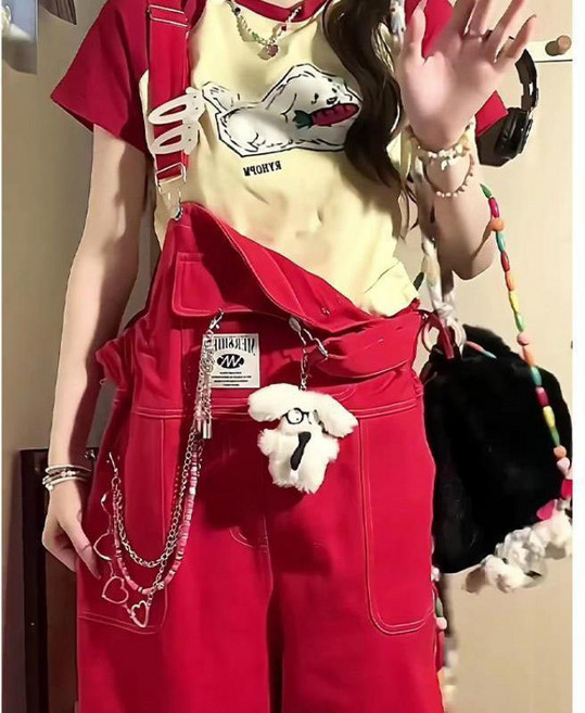 봄 가을 여자 멜빵바지 빈티지 카고 청멜빵바지 카고 와이드 팬츠 캐주얼 여성 점프슈트 긴바지 YSQ