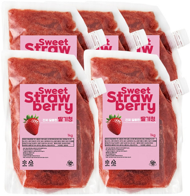 달콤한 딸기청 카페납품 대용량 천연당으로 만든 과육이 씹히는 수제청, 5개, 1kg