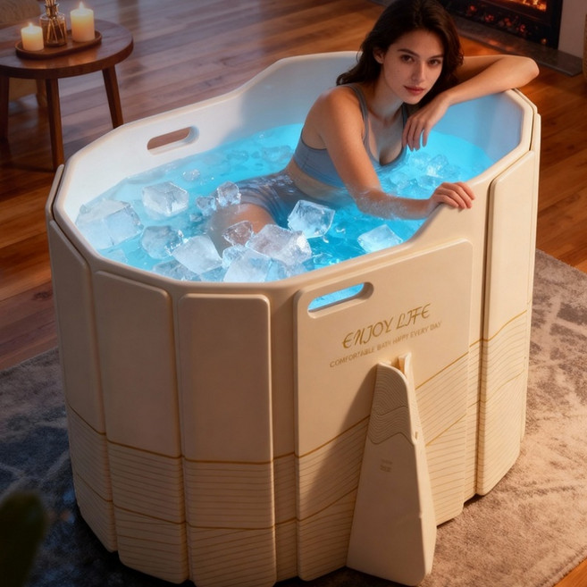 ClosArt 원터치 접이식 성인 욕조 대형 이동식 반신욕조 얼음물 목욕 보온 보냉, 베이지, 1개