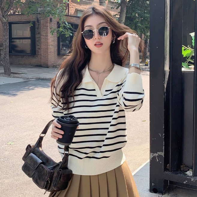 SUNALIFE 여자 스트라이프 카라 니트 긴팔 티셔츠 데일리 프렌치 감성 루즈핏 봄 가을 이너 레이어드