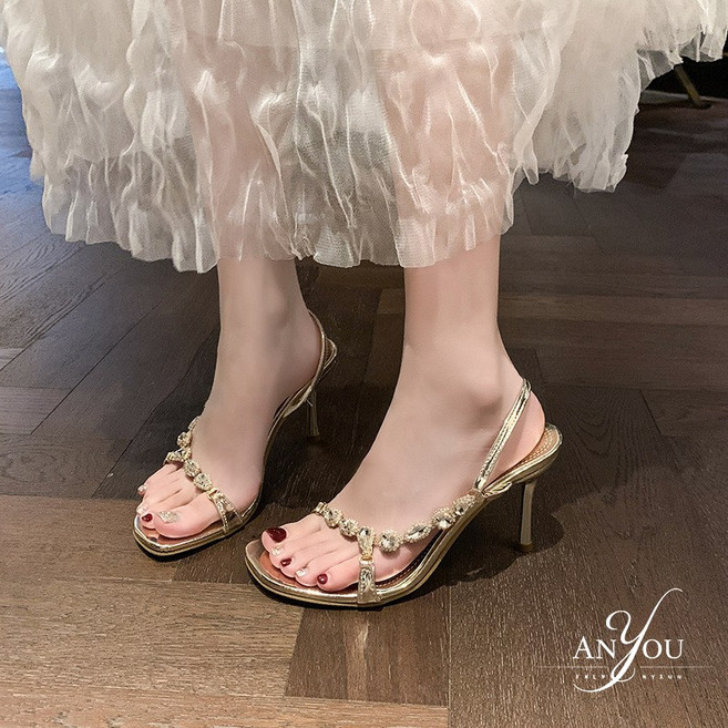 ANYOU 여자여름샌들 여성 일자 큐빅 샌들 스틸레토 하이힐 오픈토 샌들 7cm