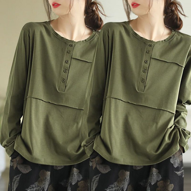 1+1 여성 긴팔 티셔츠 빈티지 패치워크 라운드 긴팔티 2피스 빅사이즈 봄 가을 여자 긴소매 상의 YJW