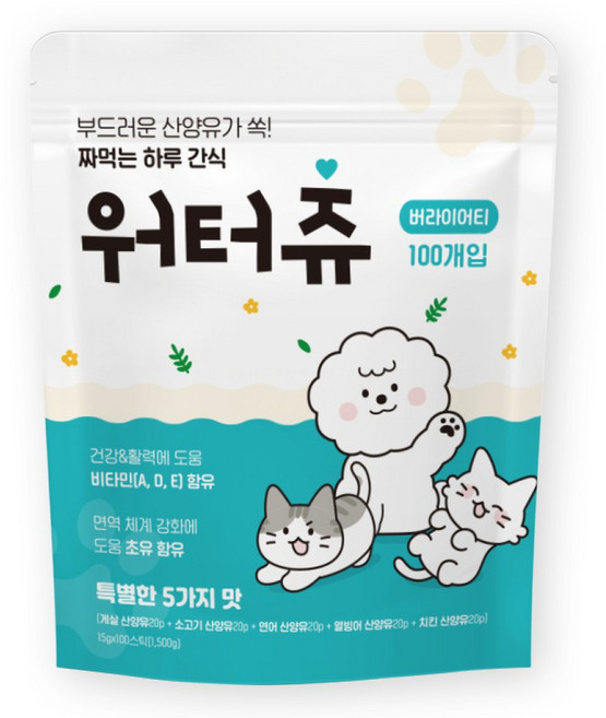 워터츄 짜먹는 강아지간식 대용량, 15g, 100개, 5가지맛
