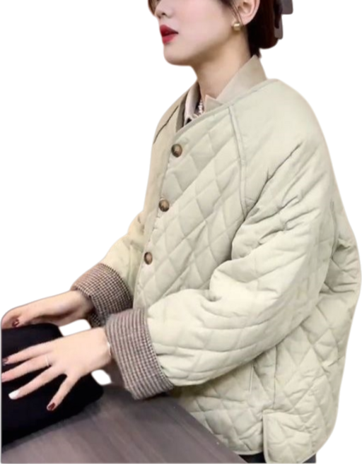 Makone 여성 가을 겨울 솜옷 퀼팅 체크 소매 캐주얼 패딩 자켓