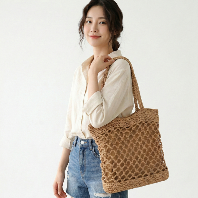 컬러인베리 라탄 그물 네트백