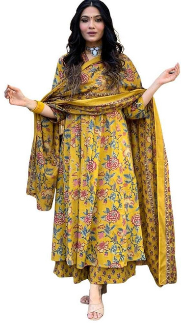RangMahal Store 여성용 면 프린트 Anarkali Kurti 세트 듀파타 포함 | 플레어 인디언 에스닉 드레스 | 축제 의상 옐로우 3XL