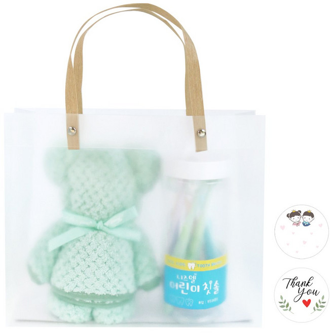 니즈엘 네임택 고리 수건 대형 35x75 곰모양 타월 어린이집 생일 입학 졸업 수료 선물 유치원 구디백 키즈 칫솔 준비물, 1개, 곰수건(대)(민트)+파스텔칫솔(8개입)+(스티커2장)
