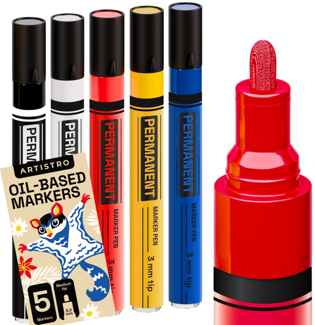 유성 영구 도료 마킹 펜-중간 마킹 펜 타이어 목재 암석 직물 유리 세라믹 금속 플라스틱 등-속건 방수 다양한 색갈에 사용 가능3.0mm, 1세트, 5색