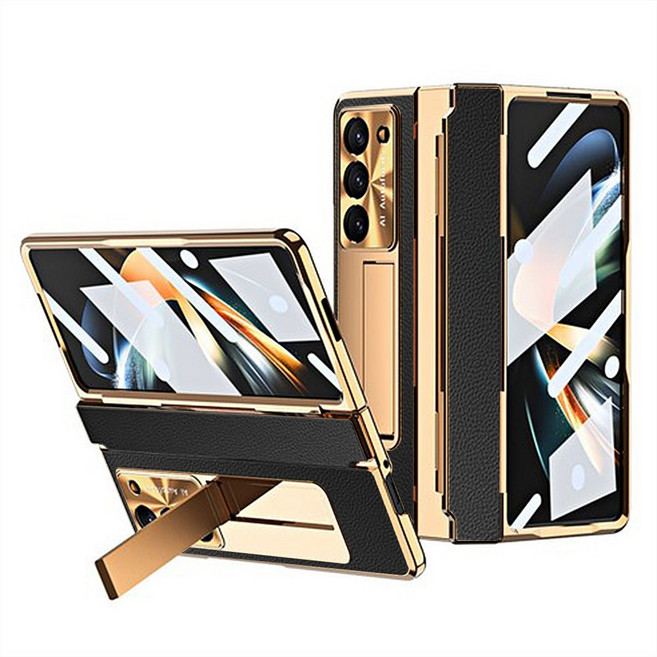 Elvo 갤럭시 Z폴드 7 6 5 4 케이스 힌지보호 도금 가죽 거치대 일체형 액정보호