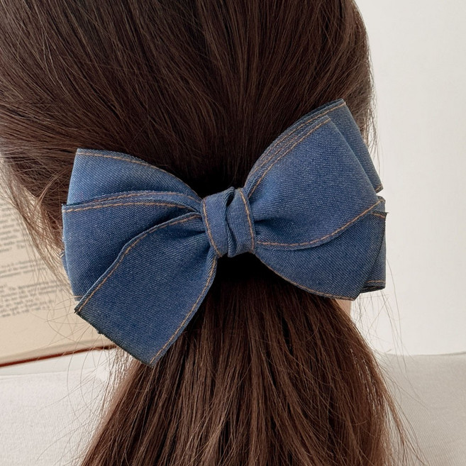 온리유 레트로 데님 더블보우 빅 리본 헤어핀