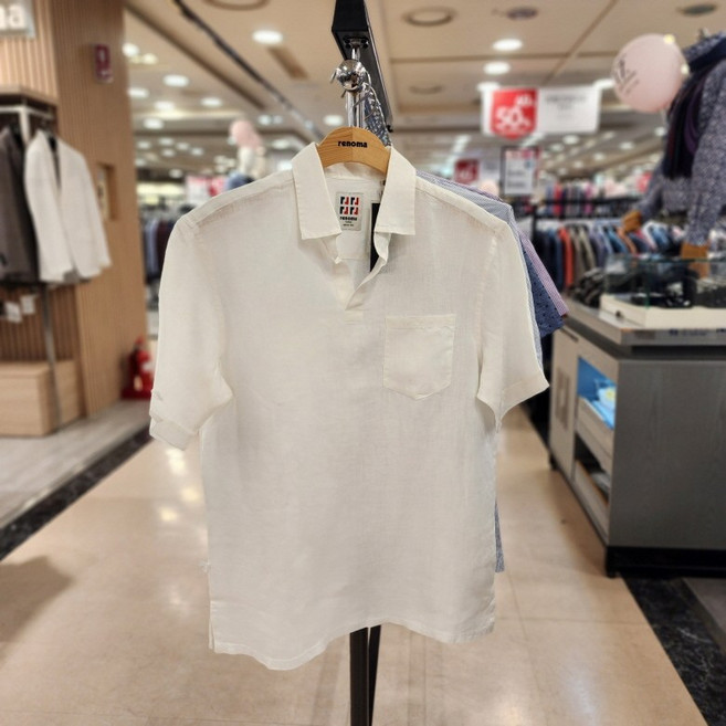 NC 불광점 레노마 #백화점 이월상품# 고퀄리티 마 100% 화이트 솔리드 오픈카라 일반핏 밑단일자 반팔셔츠RMUNC1-551-WH