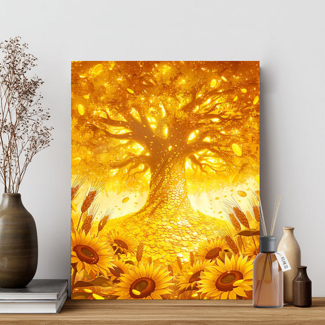 티레오 보석십자수캔버스형 40x50cm 큐빅 비즈 보석십자수 캔버스 액자형 대형 비즈십자수 인테리어 그림, M01 해바라기 금전수, 1개