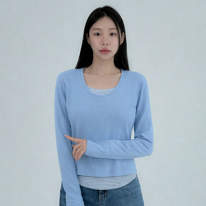 미셀 스트라이프 배색 레이어드 슬림핏 긴팔 티셔츠