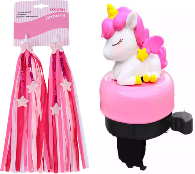 소브리 킥보드테슬 유니콘 경적벨 따릉이 악세사리 세트, 1세트, 핑크&핑크