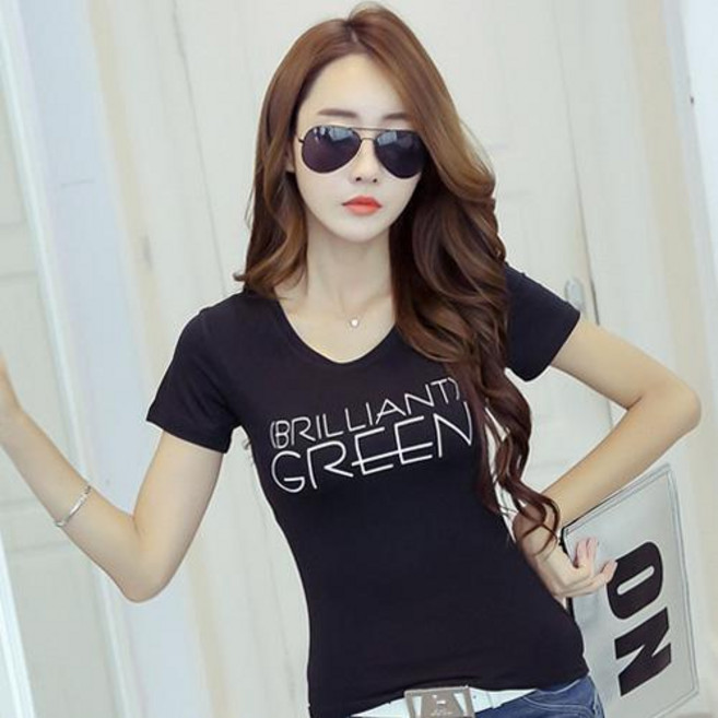 일월전빵 여성용 GREEN 레터링 스판 슬림핏 반팔티셔츠 B-C027S