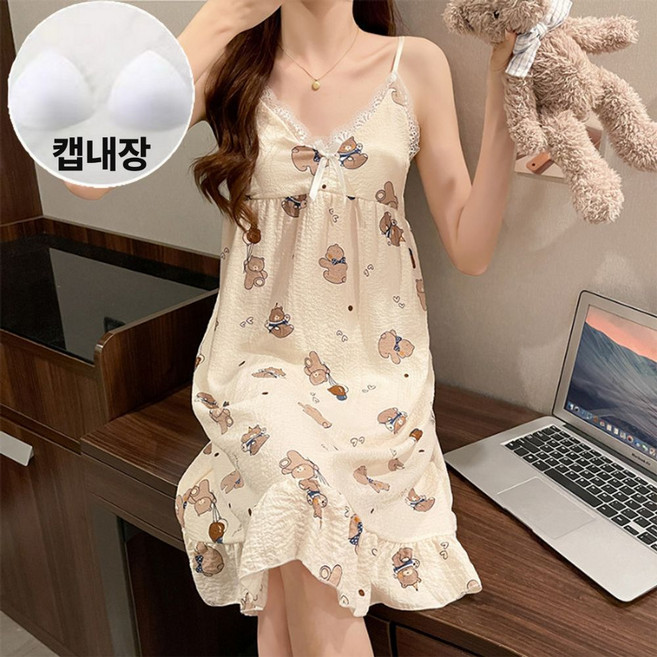 야오야오 여성용 캡내장 레이스 프릴 나시 원피스 잠옷