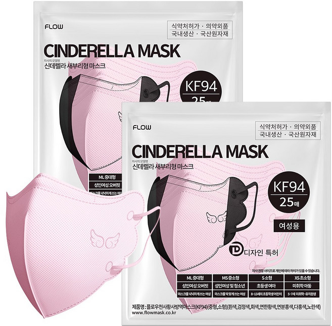 플로우 신데렐라 KF94 새부리형 마스크 지퍼백 초소형, 핑크, 2개, 25개입