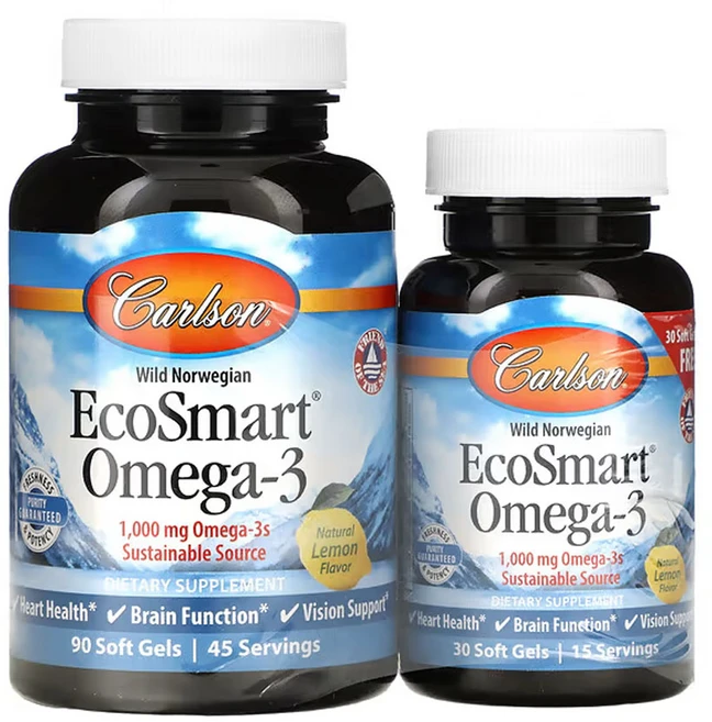 칼슨 노르웨이 자연산 EcoSmart 오메가3 천연 레몬맛 1 000mg 90+30소프트젤(소프트젤 1정당 500mg), 1개, 120정 - 쿠팡