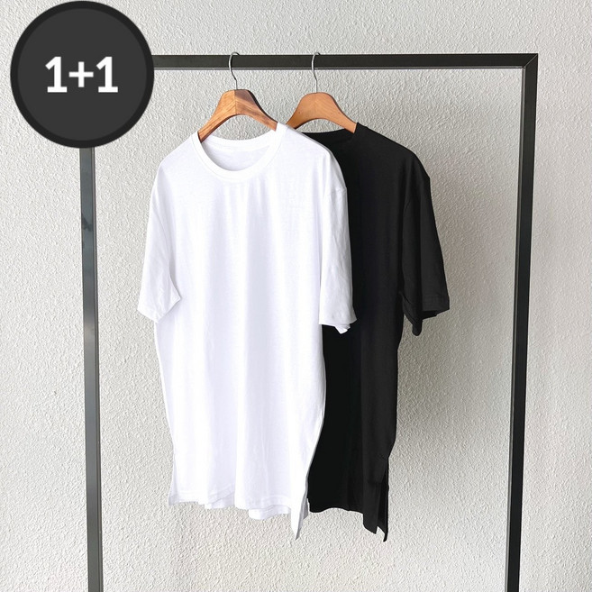 코튼 [1+1] M-3XL 롱 레이어드 트임 밑단 반팔 20수 티셔츠 (2color)