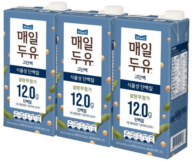 매일두유 고단백 설탕무첨가 식물성단백질, 950ml, 3개