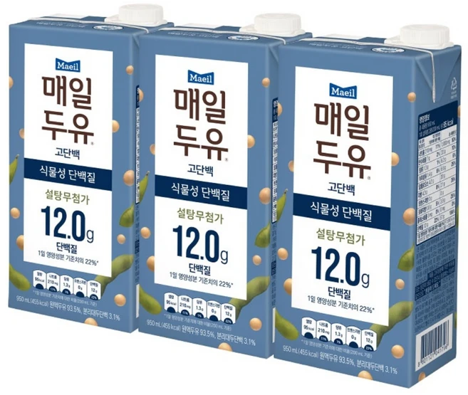 매일두유 고단백 설탕무첨가 식물성단백질, 950ml, 3개 - 쿠팡