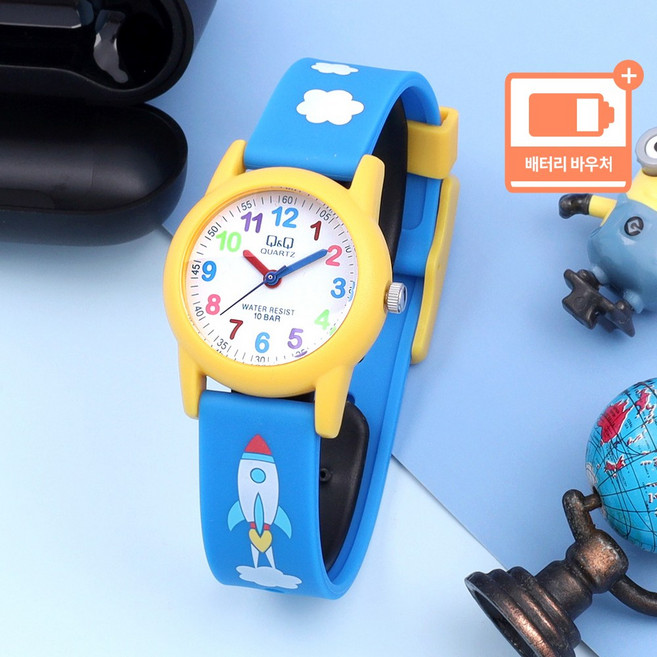 큐앤큐 정품 어린이 아동 100미터 방수 키즈 캐릭터 패션 초등학생 캐주얼 손목시계 + 배터리 바우처