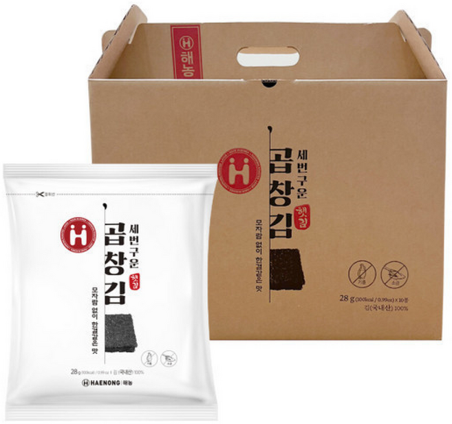 해농 세번구운 곱창김 선물세트 / 햇김 구운김 구운곱창김 선물세트 밥반찬, 해농 세번구운 곱창김 선물세트 28g (10매) X 1, 10세트