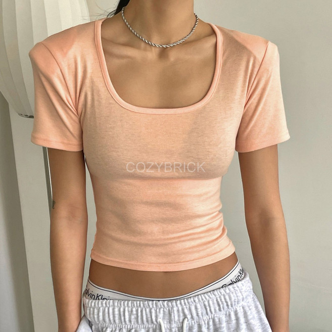 코지브릭 스판 유넥 어깨패드 반팔 티셔츠 (4컬러)