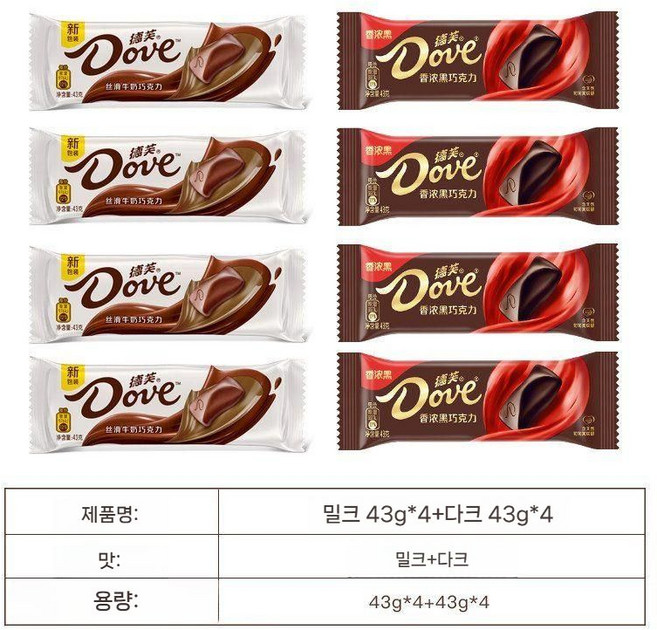 A2GCONNECT 도브 헤이즐넛 아몬드 민트 다크 초콜릿 헤이즐넛 실키 밀크초콜릿, 8개입 (밀크43gx4+블랙43gx4), 43g
