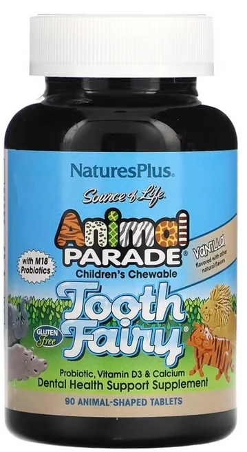 네이처스플러스 Source of Life Animal Parade 어린이용 츄어블 Tooth Fairy 프로바이오틱 M18 프로바이오틱 함유 바닐라 맛 동물 모양 90정, 1개 - 쿠팡