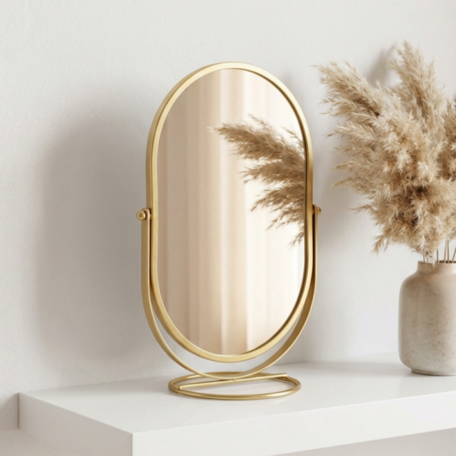 울창울창 원형 스탠드 화장 탁상 거울, 골드