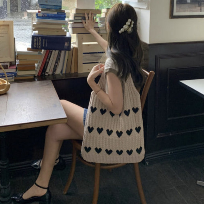 러블리 하트 뜨개 가방 니뜨 숄더백 휴양지 비치 왕골 여행 가벼운 쇼퍼 네트백