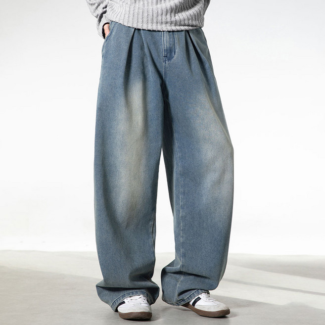 에브리핏 오버핏 핀턱 벌룬 청바지 와이드 데님 팬츠 사계절 롱기장 바닥청바지