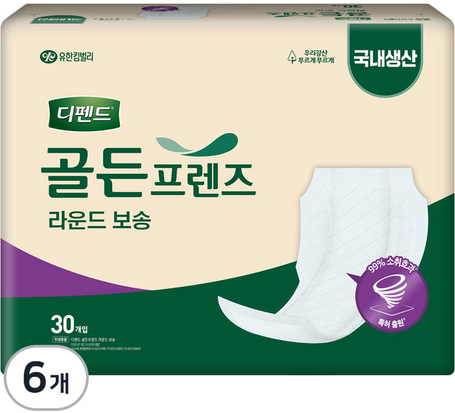유한킴벌리 남녀공용 디펜드 속 기저귀 라운드형 성인기저귀/패드 대형, 30개입, 6개