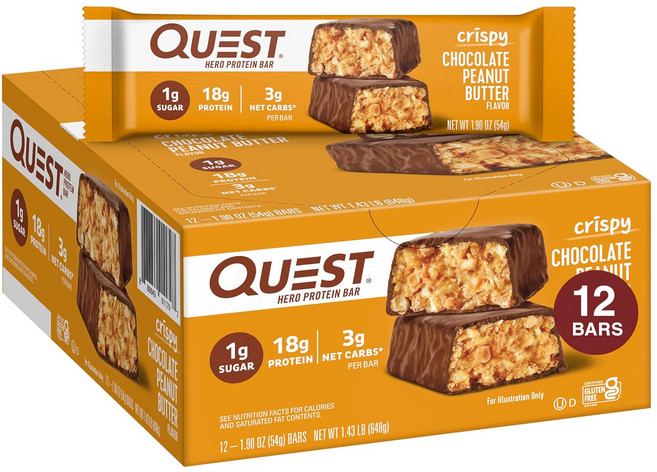 퀘스트뉴트리션 히어로 프로틴 바 크리스피 12개입, 초콜릿 피넛 버터, 54g, 12개