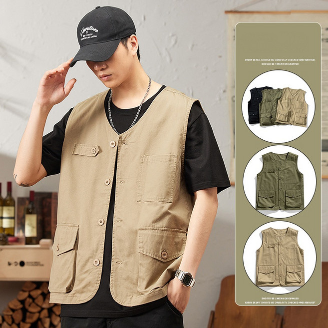 Sevenmoon빈티지 카고 순면 워싱 조끼