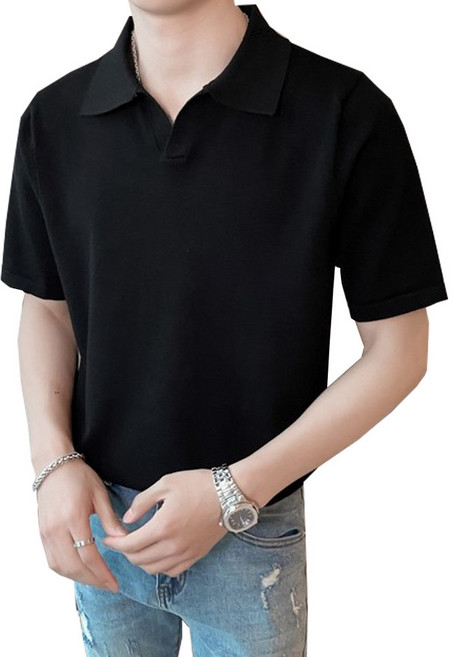 피그버니 남자 오픈 카라 반팔 니트 티셔츠