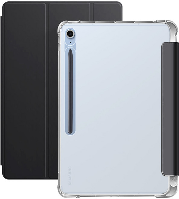 스냅케이스 범퍼 투명 폴리오 북커버 갤럭시탭 케이스 펜슬 수납, 블랙, 1개