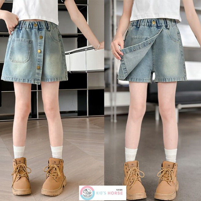 키즈목마 여아 여름 초중생 워싱 데님 랩 스타일 팬츠 주니어 버튼 포인트 밴딩 치마바지 925