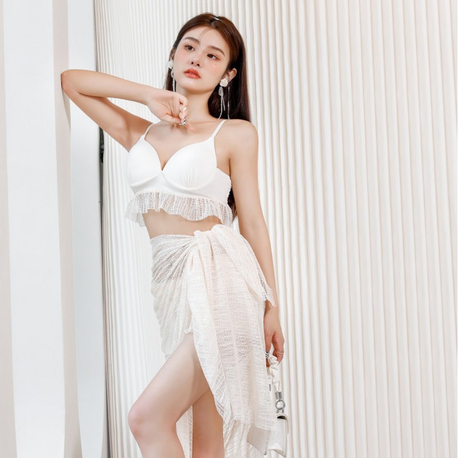 性感平角比基尼泳衣女 分體鋼托網紗泳裝 夏季新款三件套海邊沙灘度假穿搭 顯瘦遮肚游泳必備 #8080奶白 #S(40-45kg), S(40-45kg)